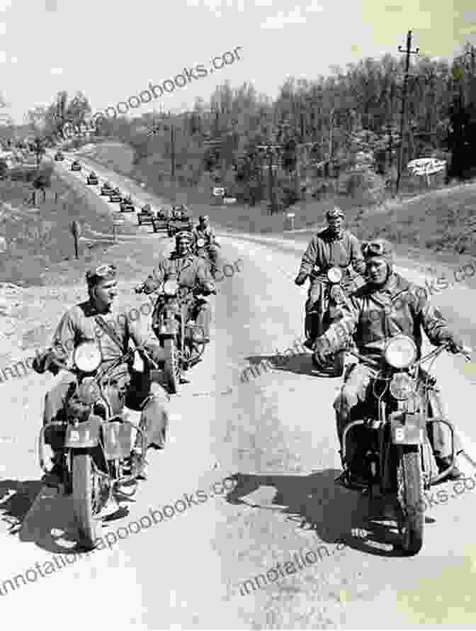 A Black And White Photograph Of A Convoy Of Harley Davidson Motorcycles Used By The US Army In World War II. The Legend Of Harley Davidson