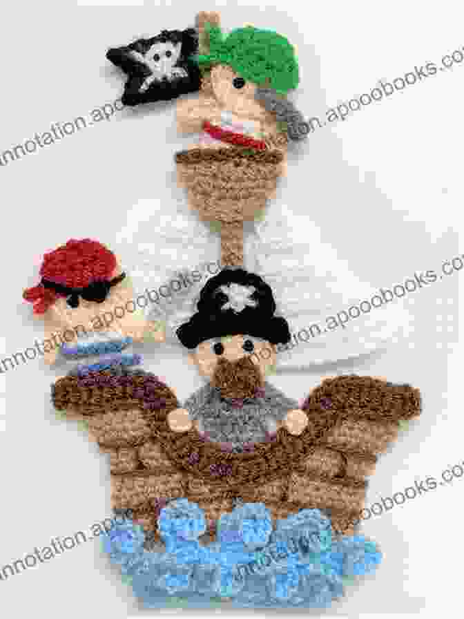 A Vibrant And Detailed Crochet Applique Of A Pirate Ship, Featuring Intricate Details Like Masts, Sails, And A Crow's Nest. PIRATE SHIP Crochet Pattern Applique By HomeArtist Designs